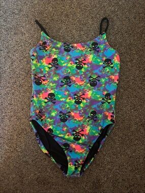 Gorgeous Girls 14 Neon Tie-Dye Skull One-Piece Swimsuit. Never worn